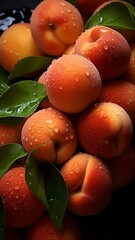 Fresh sweet peaches close up.peaches with water drops as a fruit background, top view. a fresh ripe harvest with leaves.apricots and plums.