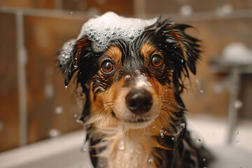 Close-up joyful, fluffy dog being bathed in a bathtub with bubbles and water splashes.Blurry background