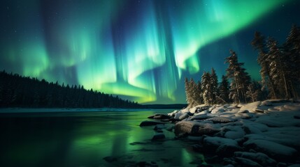 Green and purple aurora bore over a lake