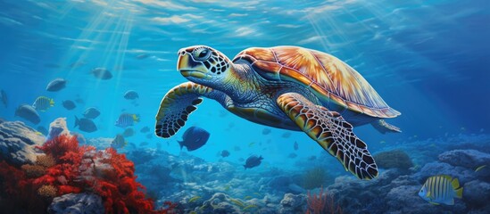 Obraz premium Green sea turtle swimming near sardines in shallow water.