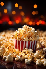 A red and white striped popcorn container with a lot of popcorn in it and some spilled on the table