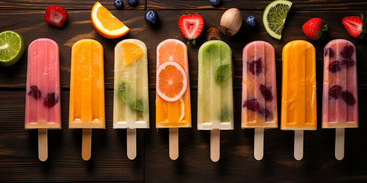 Refreshing Ice Popsicle On A Stick With Lime Strawberry Blueberry Grapefruit Orange And Mint.