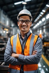 Portrait of a smiling Asian male engineer wearing a hard hat and safety vest in a factory