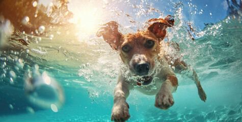 dogs having fun in a swimming pool - obrazy, fototapety, plakaty