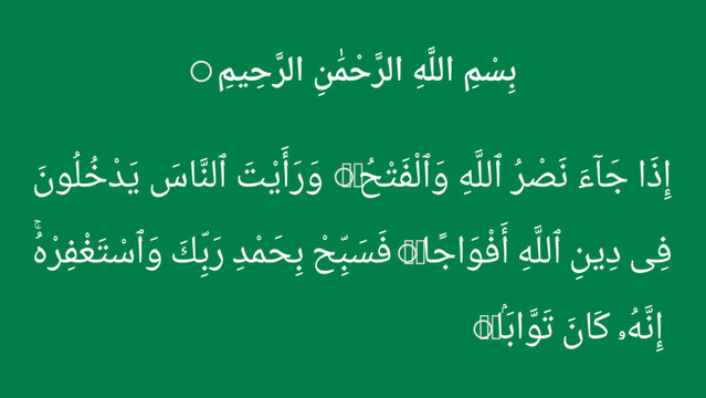 Surah An-Nasr on green background, Sura Nasor vector illustration, Surah Nasr 110th surah of the holy Quran