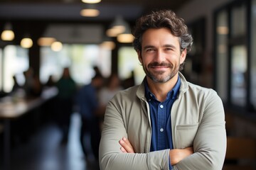 Portrait of a smiling man with brown hair and beard - obrazy, fototapety, plakaty