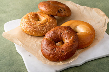 Variety of bagels freshly baked for breakfast