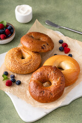 Variety of bagels freshly baked for breakfast