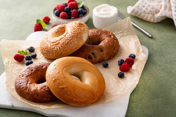 Variety of bagels freshly baked for breakfast