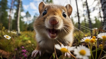 Close-up portrait of a happy chipmunk in a field of flowers