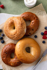 Variety of bagels freshly baked for breakfast