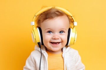 Portrait of cheerful happy boy / girl wearing headphones listen to music dance isolated on yellow background, Generative AI