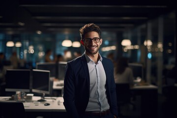 Fototapeta premium Portrait of a handsome CEO businessman smiling at modern office, Generative AI