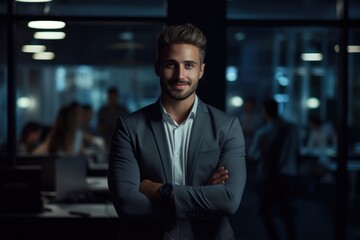 Fototapeta premium Portrait of a handsome CEO businessman smiling at modern office, Generative AI