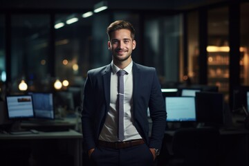 Fototapeta premium Portrait of a handsome CEO businessman smiling at modern office, Generative AI