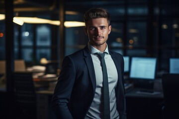 Fototapeta premium Portrait of a handsome CEO businessman smiling at modern office, Generative AI