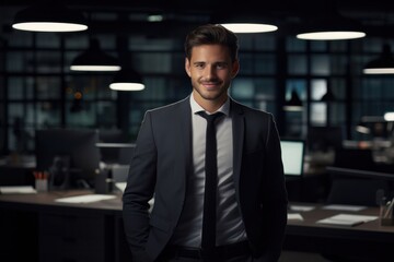 Fototapeta na wymiar Portrait of a handsome CEO businessman smiling at modern office, Generative AI