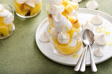 Fototapeta na wymiar Lemon meringue parfait or trifle with pound cake and lemon curd