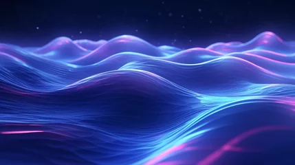 Fotobehang Surreal Blue Neon Waves Flowing in a Dark Digital Landscape © Sariyono