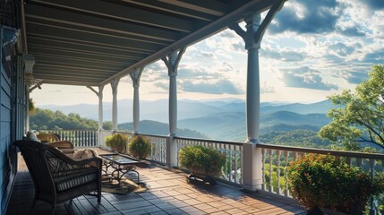 Tranquil morning light setting Porch view, mountain landscape, tranquil setting, morning light, serene atmosphere, rustic charm, leisure concept