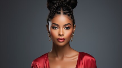 portrait of a beautiful black woman with braided hair wearing a red dress