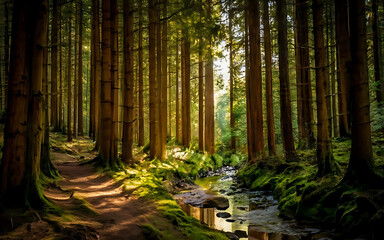 Obraz premium forest in autumn, A forest with majestic tree and Beautiful Sunlight, generative AI