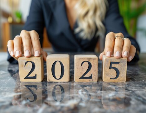  Businesswoman sitting behide blocks with 2025 created with Generative AI Technology, ai, generative