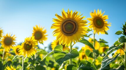 Fototapeta premium Vivid Sunflowers Basking in the Sunlight with a Clear Blue Sky in the Background