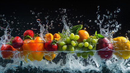 Fototapeta premium Fruits Splashing in Water on Dark Background