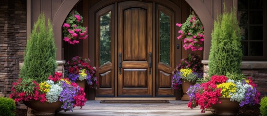 Fototapeta na wymiar Colorful summer flowers surround an elegant wood grain front door at the portico entrance.