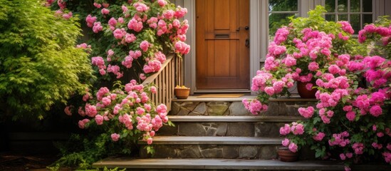 Fototapeta na wymiar Rose bushes and flagstone steps guide visitors to an elegant wood grain front door of a house surrounded by a garden.