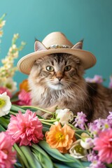 Cute fluffy cat in hat with fresh spring flowers - obrazy, fototapety, plakaty