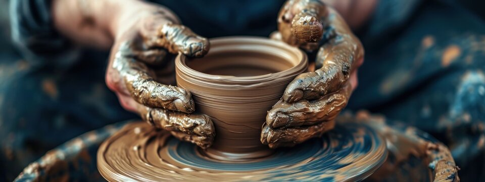 Dirty male hands sculpt mug with ceramic clay on potter's wheel
