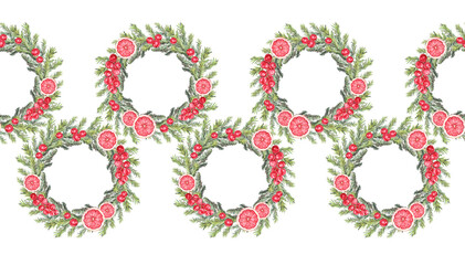 Seamless rim with watercolor green christmas tree fir wreath with red berries and grapefruit on white background. Circle frame template. Hand-drawn border with copy space for new year celebration