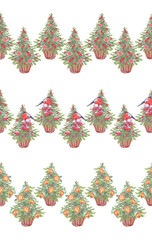 Set with seamless rim watercolor citrus fruit tangerine and grapefruit with green fir or pine on white background. Hand-drawn christmas tree with bird for wallpaper. Border for menu or wrapping