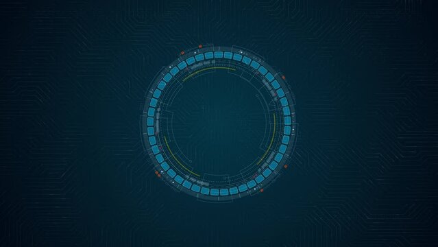 Motion graphic of Blue digital circle futuristic HUD elements with rotation circle head up display technology on circuit board abstract background concepts