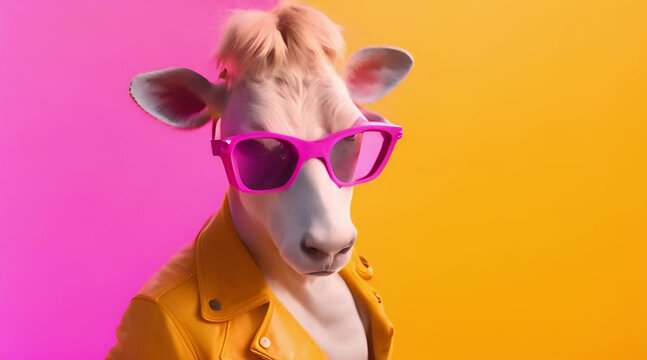 Cool looking cow wearing funky fashion dress - bright yellow jacket, vest, glasses. Stylish animals disguised as supermodels