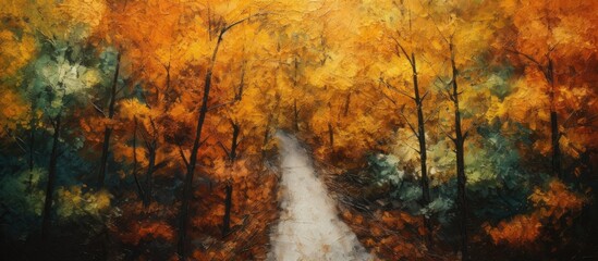 A bird's-eye perspective of a road in a fall forest with vibrant trees