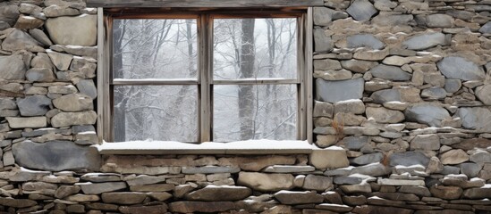 Longstreet Cabin Window: White-dusted wooden frame, gray stone wall.