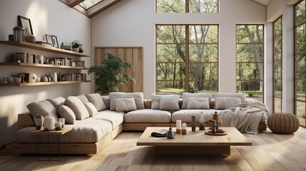 Modern living room interior with large windows and a comfortable sofa