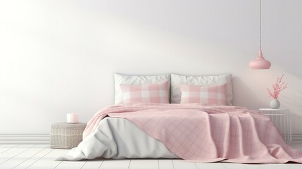 Light, cute and cozy home bedroom interior with unmade bed, pink plaid and cushions on empty white wall background. 3D rendering