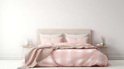 Fototapeta na wymiar Light, cute and cozy home bedroom interior with unmade bed, pink plaid and cushions on empty white wall background. 3D rendering