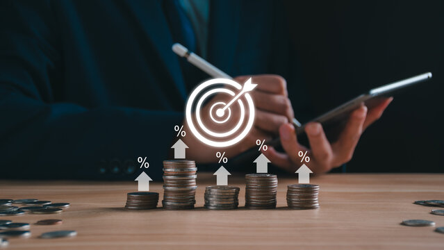 Interest rate increase concept. Businessman show  percentage and up arrow investment, Interest rate increase, business hike growth, stocks, mutual fund, high exchange rate. Long term investment