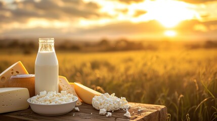 Milk and several types of cheese and cottage cheese on a wooden table on a farm against a field, dairy farm products