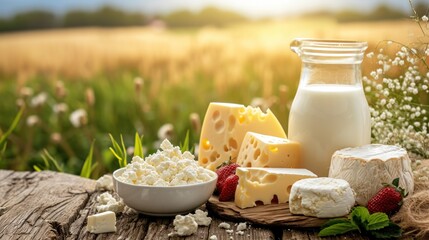 Milk and several types of cheese and cottage cheese on a wooden table on a farm against a field, dairy farm products - obrazy, fototapety, plakaty