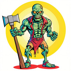 Fototapeta premium Zombie character holding a hammer illustration for mascot logo, t shirt design and apparel, template, or stickers. Horror graphic design ready to print.