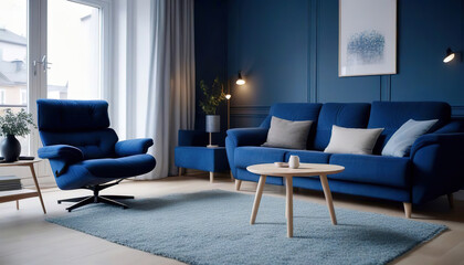 Dark blue sofa and recliner chair in Scandinavian apartment. Interior design of modern living room