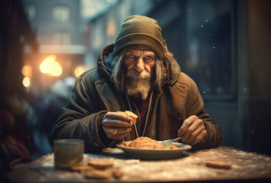 Homeless man sitting on the street and eating