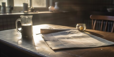 Fototapeta na wymiar Newspaper on wooden table bathed in morning light from a window, perfect start to the day
