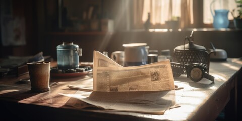 Newspaper on wooden table bathed in morning light from a window, perfect start to the day
